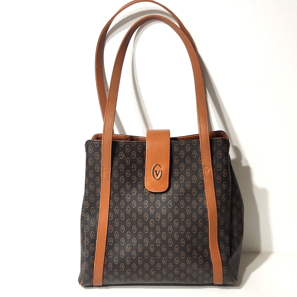 Gianni Valentino Monogram V Logo Shoulder Bag Purse Brown EUC!!